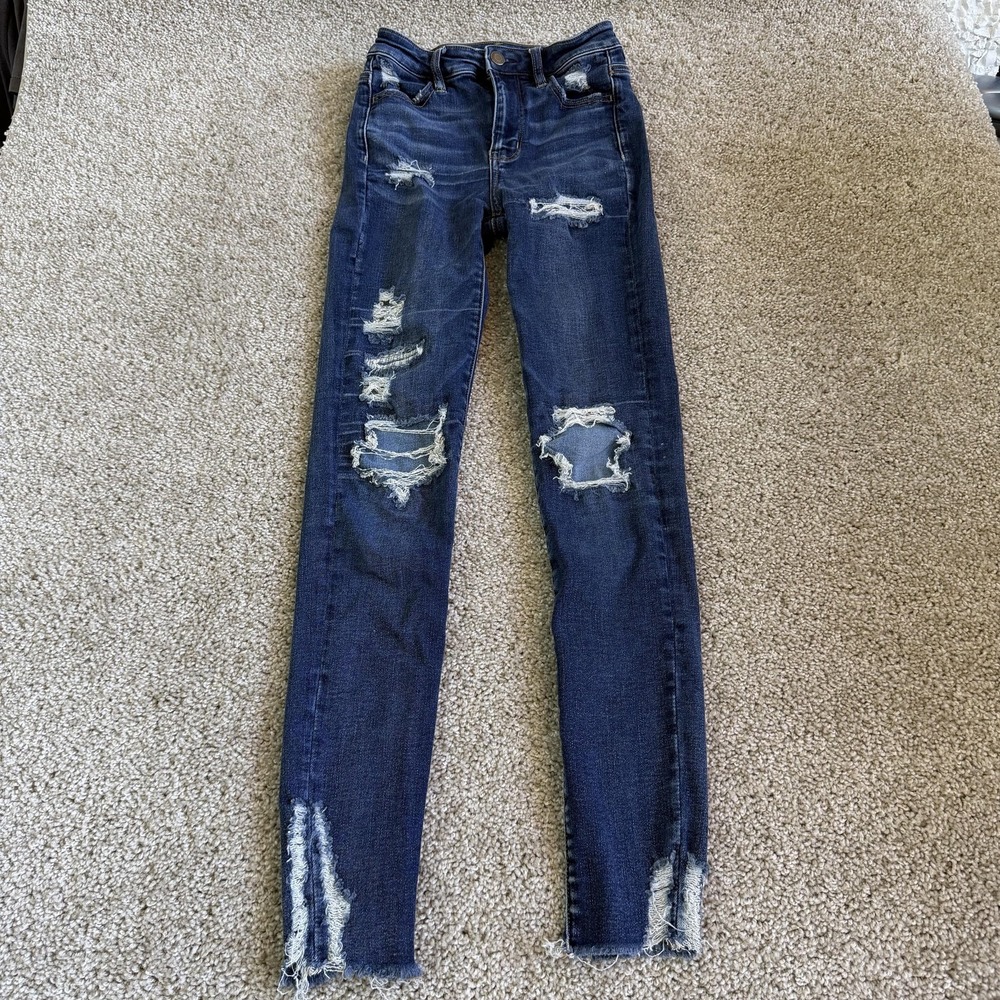 American Eagle Outfitters Skinny Jeans Womens 0 Med Wash Blue Distressed Stretch